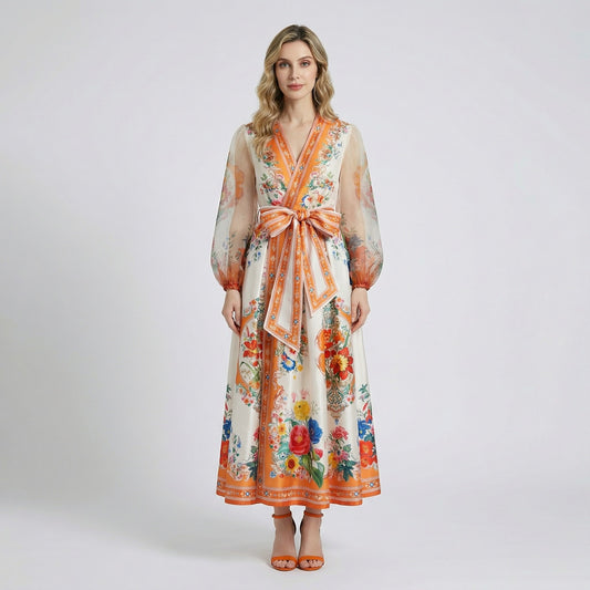 Jessica Floral Wrap Maxi Dress in four colors: blue, orange, pink, and teal, featuring sheer sleeves and floral patterns.