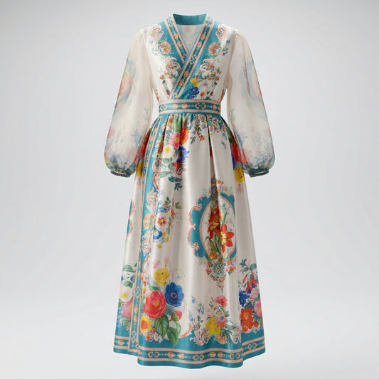 Jessica Floral Wrap Maxi Dress in four colors: blue, orange, pink, and teal, featuring sheer sleeves and floral patterns.