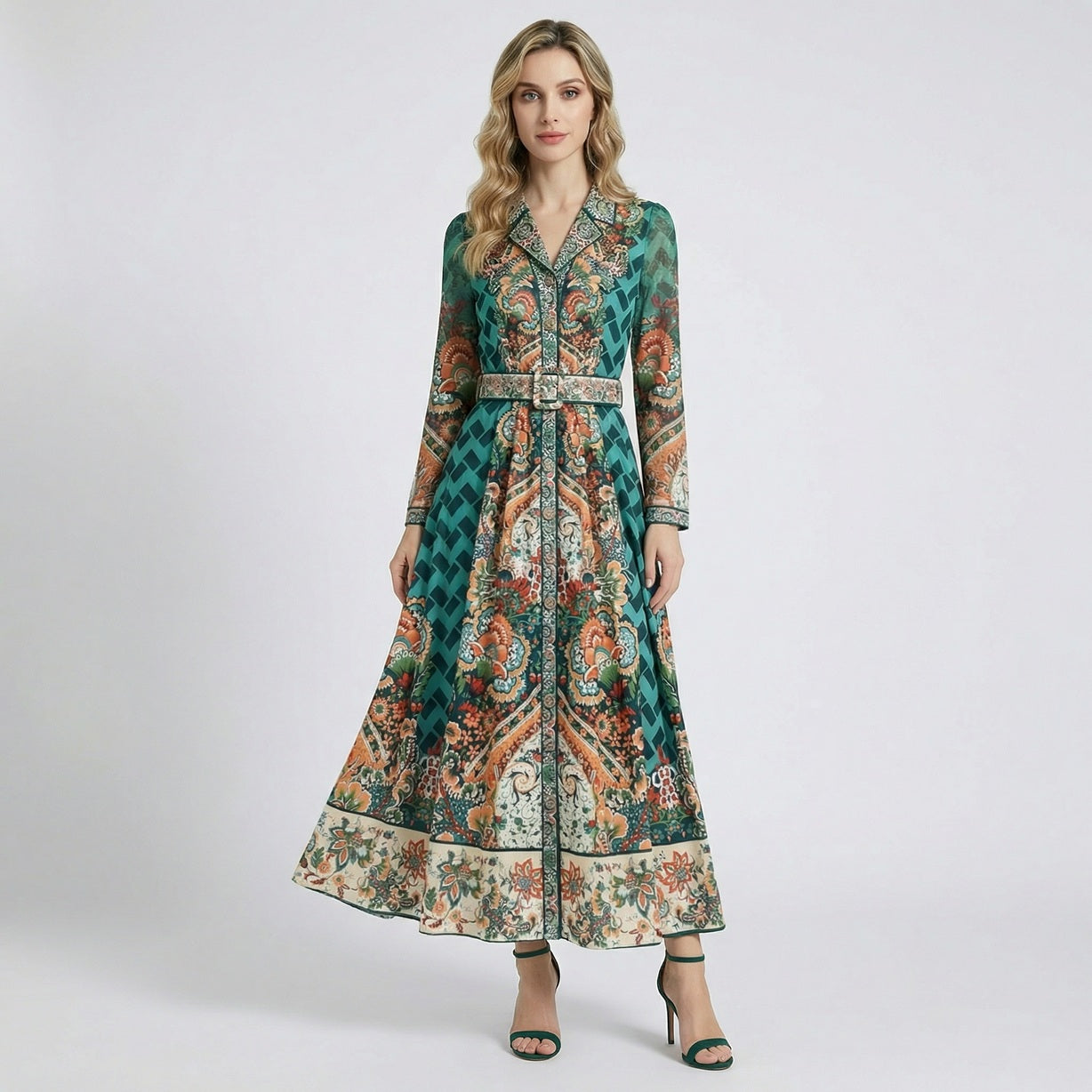 Front view of the Jessy Maxi Dress in Sunset Orange and Deep Teal, featuring a floral paisley pattern, gold buttons, and a matching wide-buckle belt on a 130cm long silhouette.