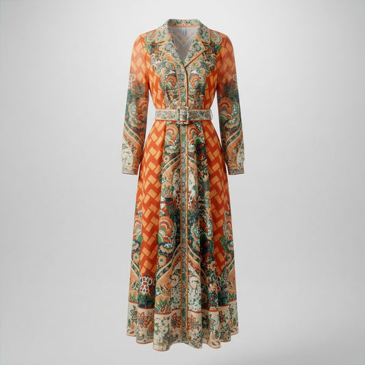 Front view of the Jessy Maxi Dress in Sunset Orange and Deep Teal, featuring a floral paisley pattern, gold buttons, and a matching wide-buckle belt on a 130cm long silhouette.