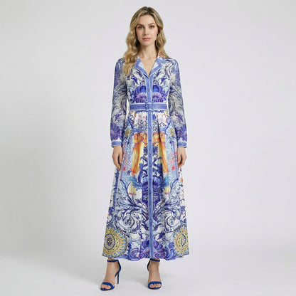 Front view of Joan 130cm long sleeve maxi dress in azure blue and gold baroque pattern.
