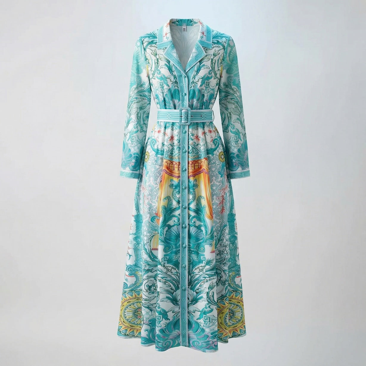 oan long sleeve maxi dress in emerald turquoise baroque print with matching buckle belt.