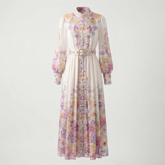 Close up detail of the Jolina lavender floral dress showing the pearl buttons and gold buckle belt.