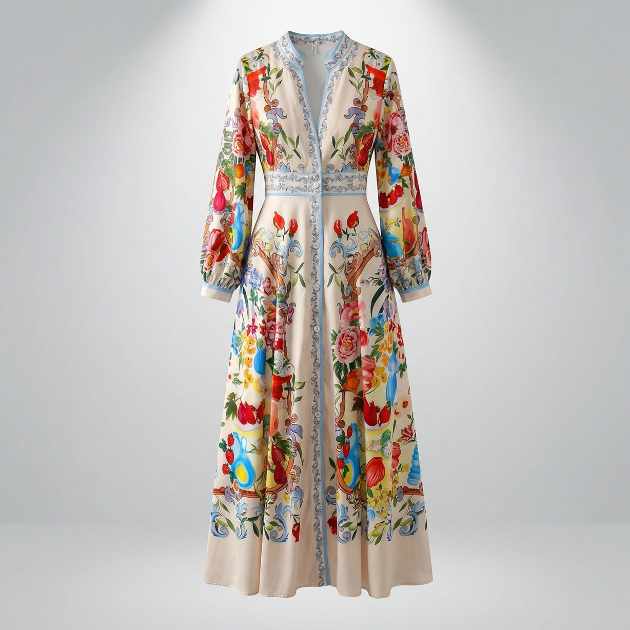 Long-sleeved Jolinah maxi dress with colorful Mediterranean floral and fruit print on cream background, 135cm length.