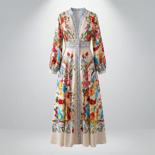 Long-sleeved Jolinah maxi dress with colorful Mediterranean floral and fruit print on cream background, 135cm length.