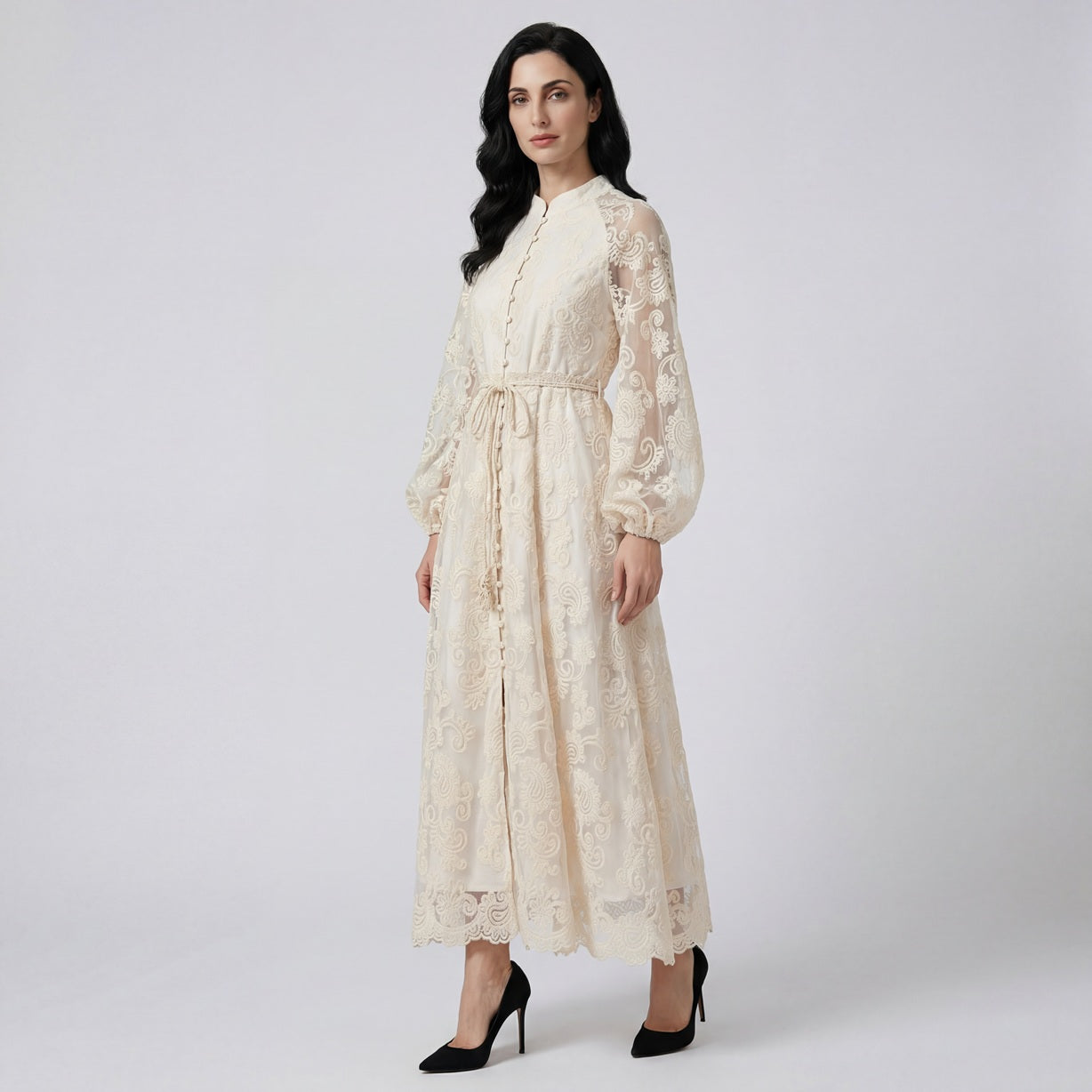 ulie long sleeve embroidered lace maxi dress in emerald green and cream beige with lantern sleeves and 140cm length.