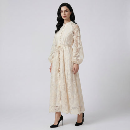 ulie long sleeve embroidered lace maxi dress in emerald green and cream beige with lantern sleeves and 140cm length.