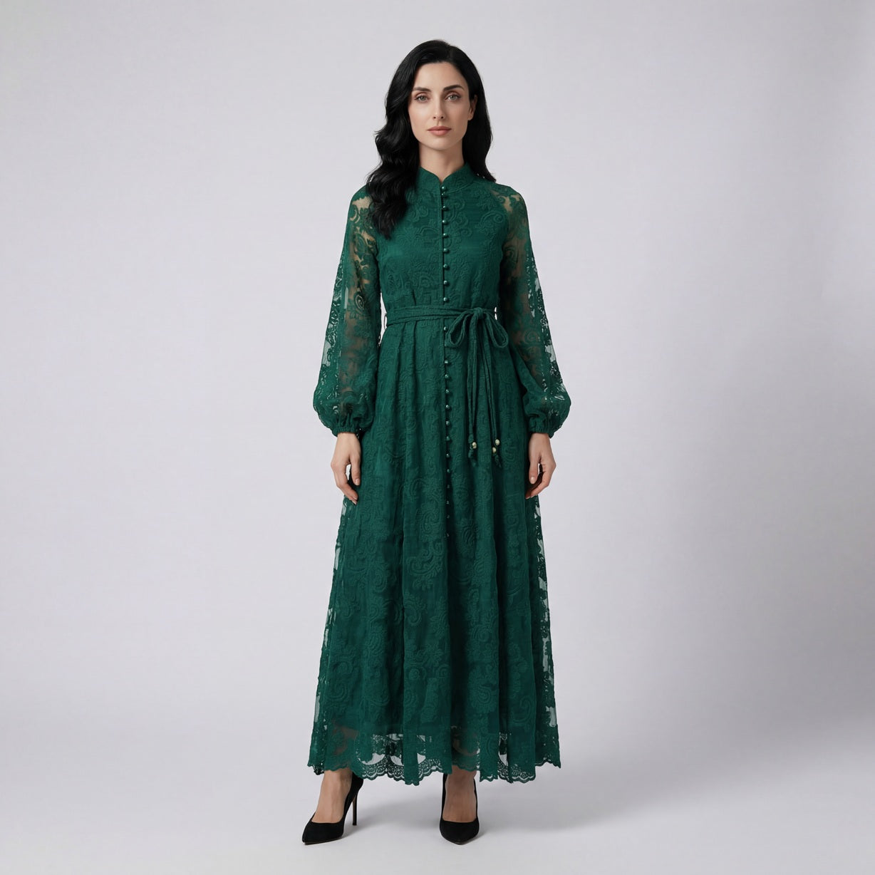 ulie long sleeve embroidered lace maxi dress in emerald green and cream beige with lantern sleeves and 140cm length.