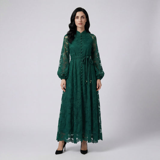ulie long sleeve embroidered lace maxi dress in emerald green and cream beige with lantern sleeves and 140cm length.