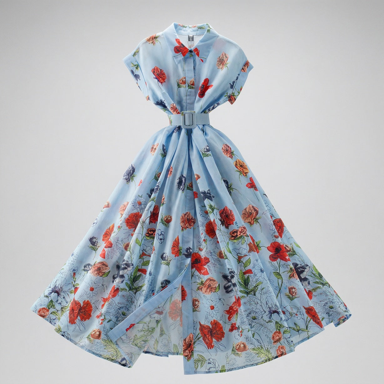 The Julie floral button-down midi dress in sky blue with red poppy print, featuring a matching belt and 47-inch skirt.
