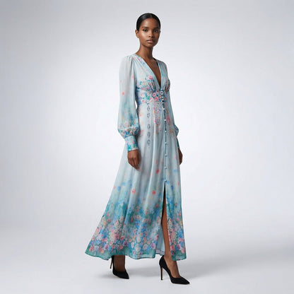 Front view of the Julie maxi dress in white featuring colorful floral and butterfly prints with a button-down front and V-neckline.