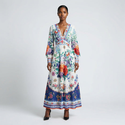 Front view of the Julie maxi dress in white featuring colorful floral and butterfly prints with a button-down front and V-neckline.