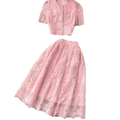 The Julie Set two-piece lace top with pearl buttons and matching floral lace midi skirt in pink.