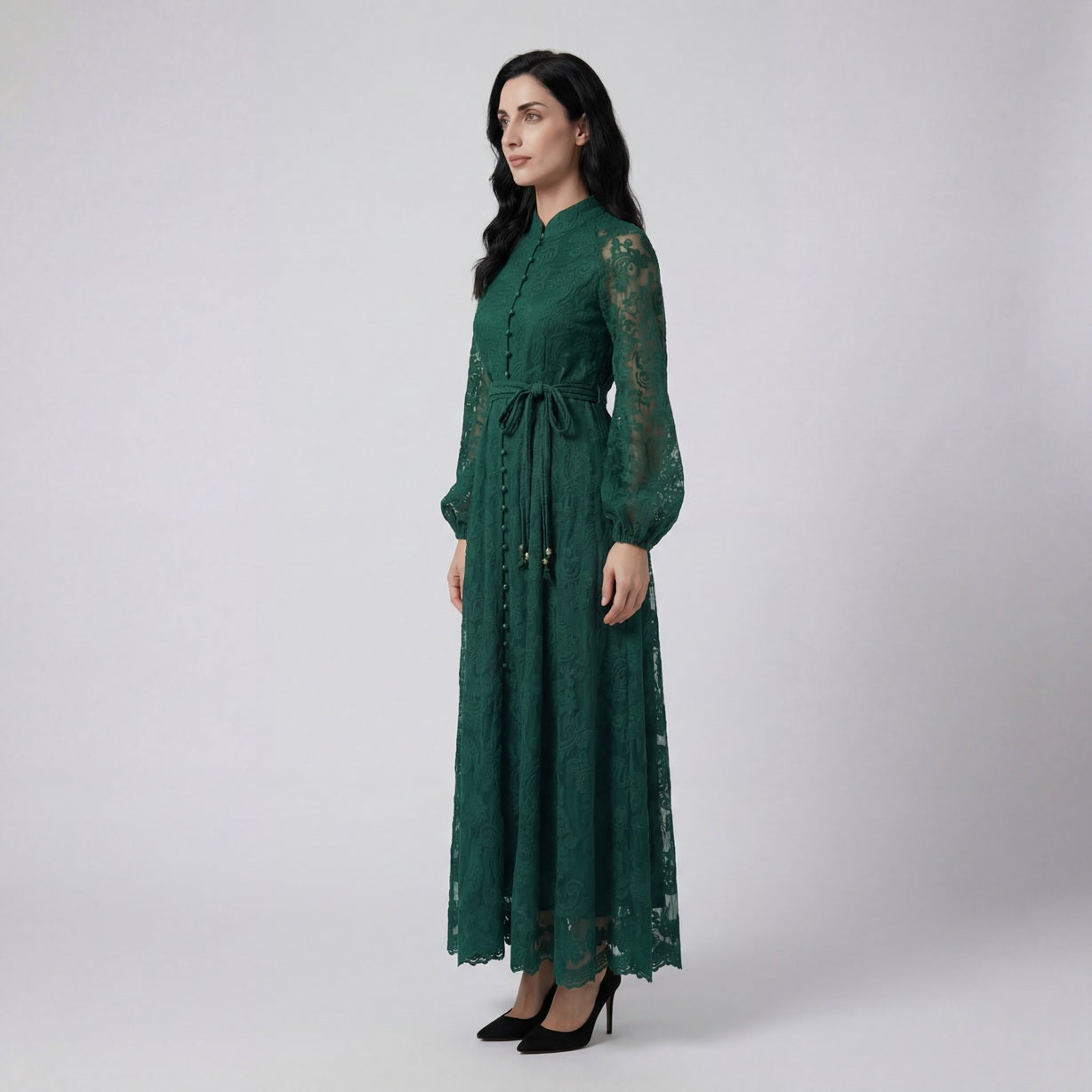 ulie long sleeve embroidered lace maxi dress in emerald green and cream beige with lantern sleeves and 140cm length.
