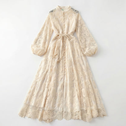 ulie long sleeve embroidered lace maxi dress in emerald green and cream beige with lantern sleeves and 140cm length.