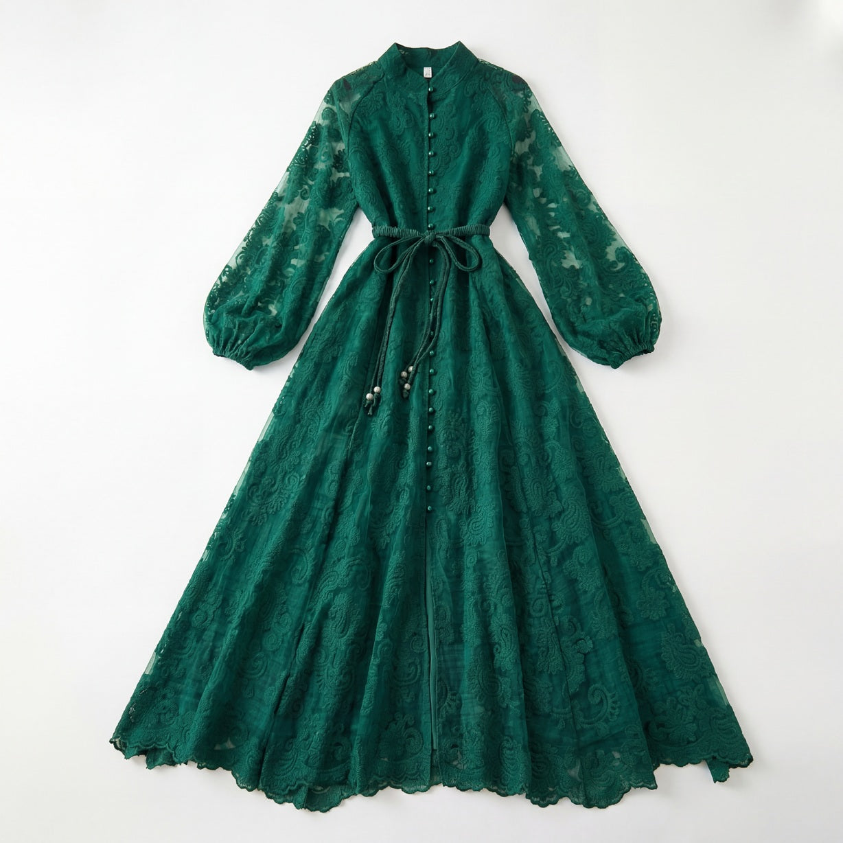 ulie long sleeve embroidered lace maxi dress in emerald green and cream beige with lantern sleeves and 140cm length.