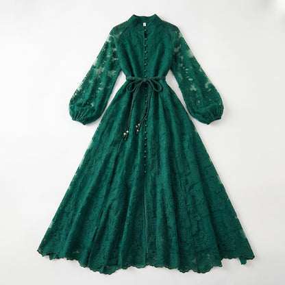 ulie long sleeve embroidered lace maxi dress in emerald green and cream beige with lantern sleeves and 140cm length.