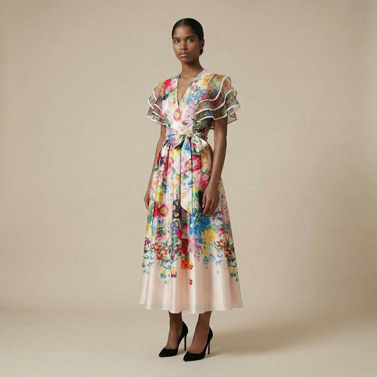 The Kellie maxi dress in black featuring a side-pleated accordion skirt with an orange ombré transition and a matching waist belt.