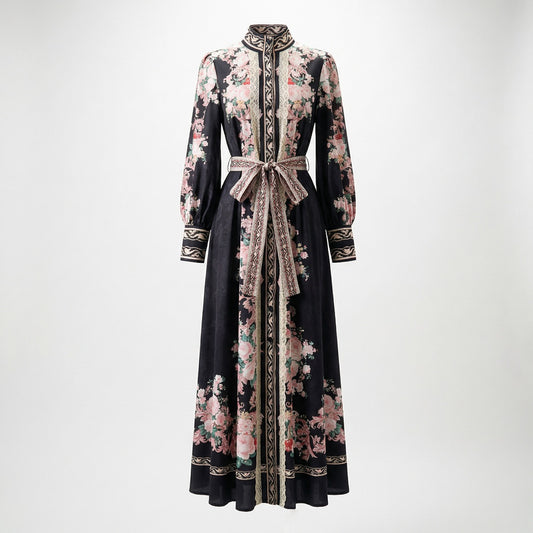 Keyli 135cm long sleeve floral maxi dress with Victorian lace trim and belt in pink and black.