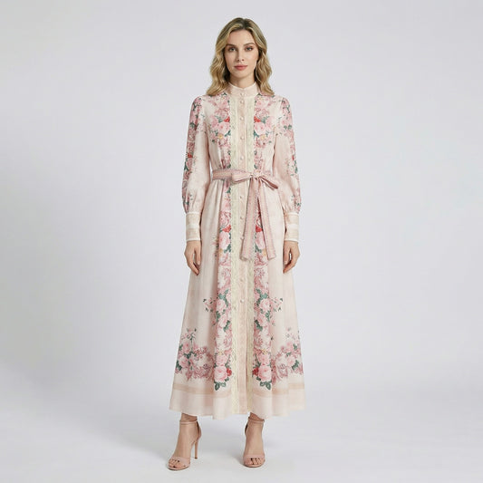 Keyli 135cm long sleeve floral maxi dress with Victorian lace trim and belt in pink and black.