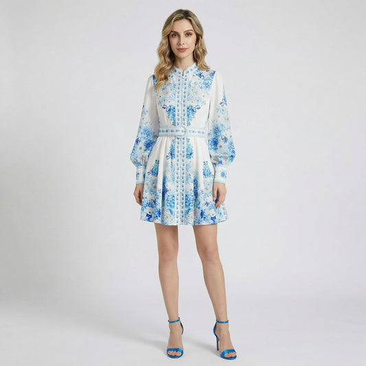 Kiera mini dress in blue and white floral print with lantern sleeves and matching belt