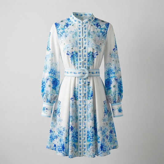 Kiera mini dress in blue and white floral print with lantern sleeves and matching belt