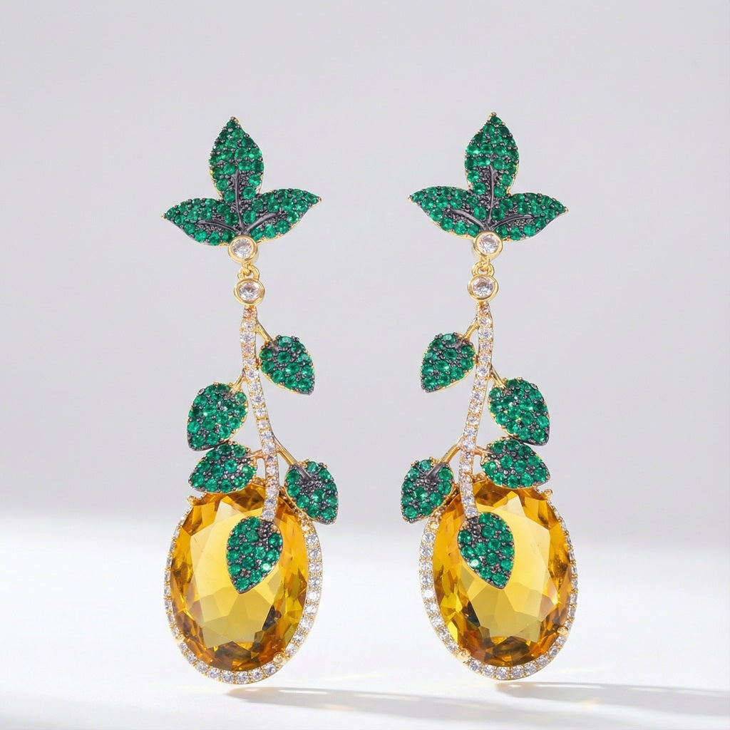 Lemon-shaped rhinestone earrings with yellow, green, and clear cubic zirconia for elegant and luxurious look