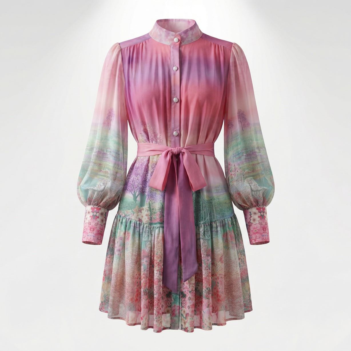 A mini dress called Leslie featuring a pink and purple sunset landscape print with green meadows, long puff sleeves, and a tiered skirt.