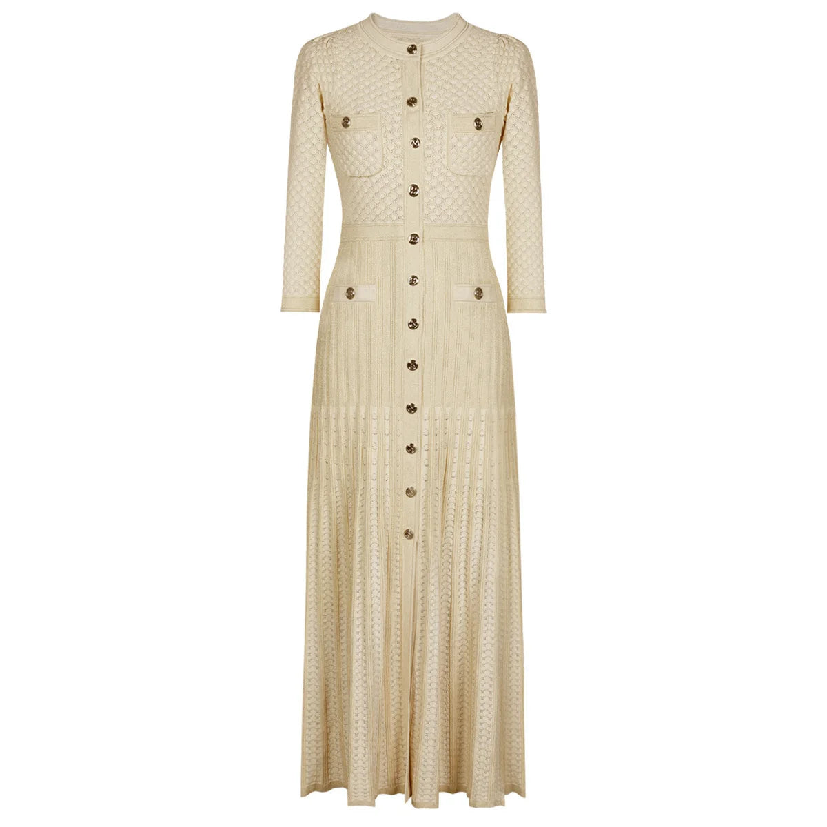 maxi dress with gold buttons and four front pockets displayed on a white background.