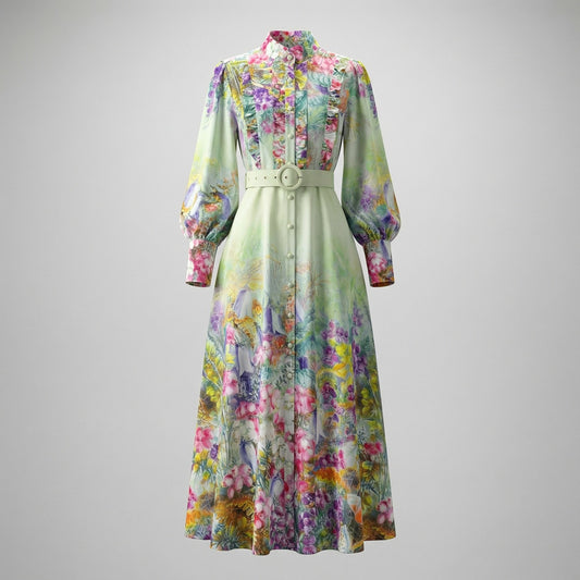 Full-length view of the Lori Floral Ruffled Maxi Dress in sage green with purple and pink botanical print, featuring a matching belt and lantern sleeves.