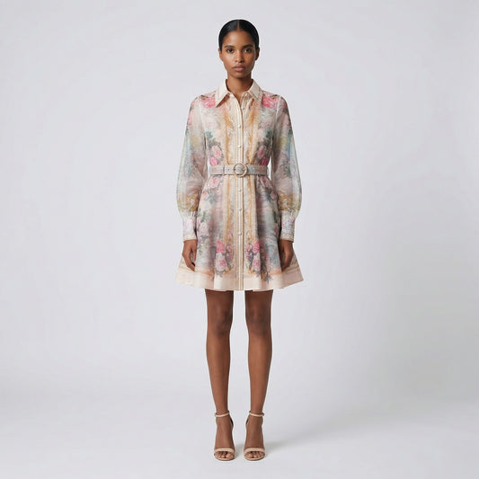 Front view of the Lumi Mini Dress featuring a pink rose and gold baroque print on white chiffon with a gold buckle belt.