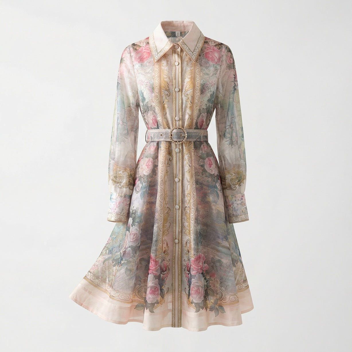 Front view of the Lumi Mini Dress featuring a pink rose and gold baroque print on white chiffon with a gold buckle belt.