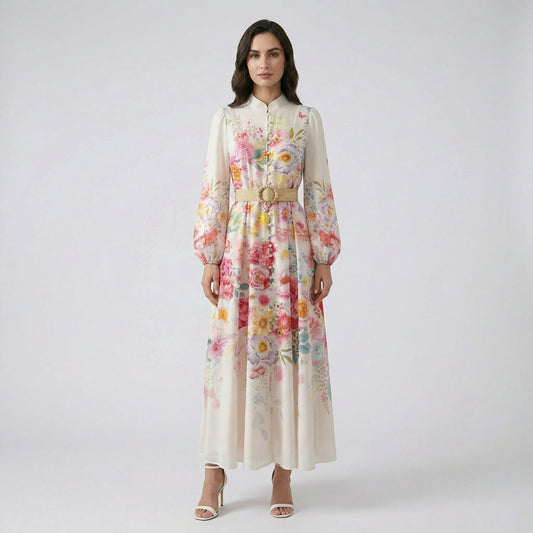 Lumi floral print maxi dress in white and black featuring long lantern sleeves, high neck, and woven waist belt, 140cm length.