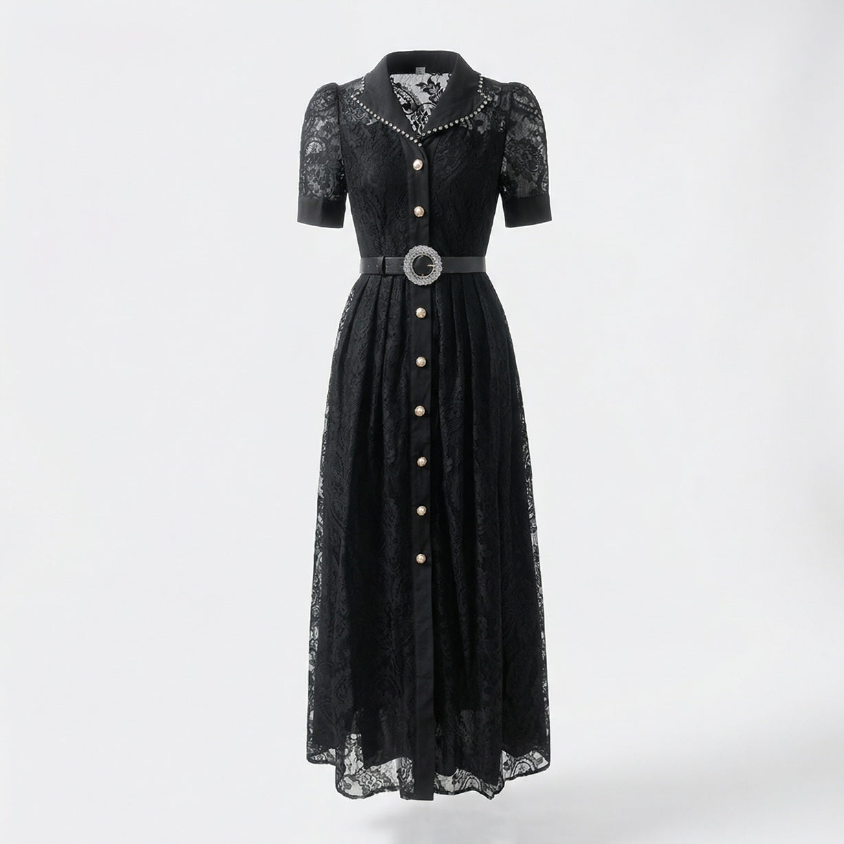 Front and back view of the Luna lace maxi dress in black and white featuring a button-down front and crystal-encrusted belt.