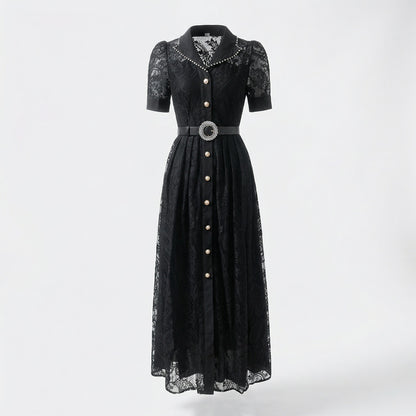 Front and back view of the Luna lace maxi dress in black and white featuring a button-down front and crystal-encrusted belt.