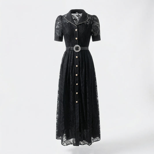 Front and back view of the Luna lace maxi dress in black and white featuring a button-down front and crystal-encrusted belt.