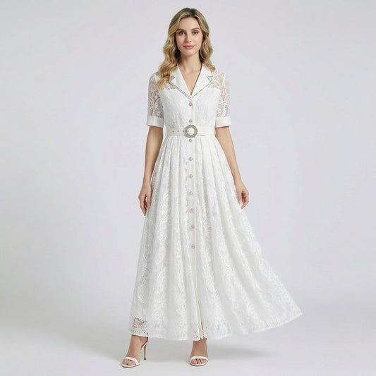 Front and back view of the Luna lace maxi dress in black and white featuring a button-down front and crystal-encrusted belt.