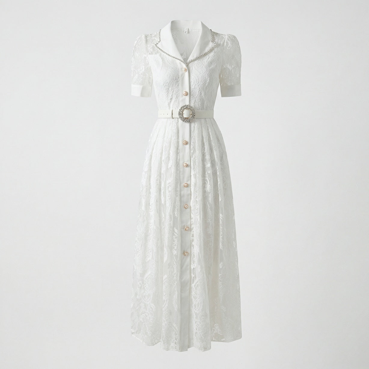 Front and back view of the Luna lace maxi dress in black and white featuring a button-down front and crystal-encrusted belt.