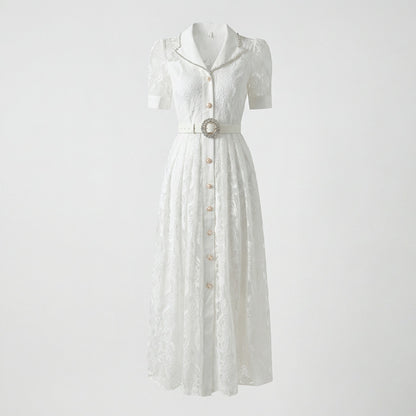 Front and back view of the Luna lace maxi dress in black and white featuring a button-down front and crystal-encrusted belt.