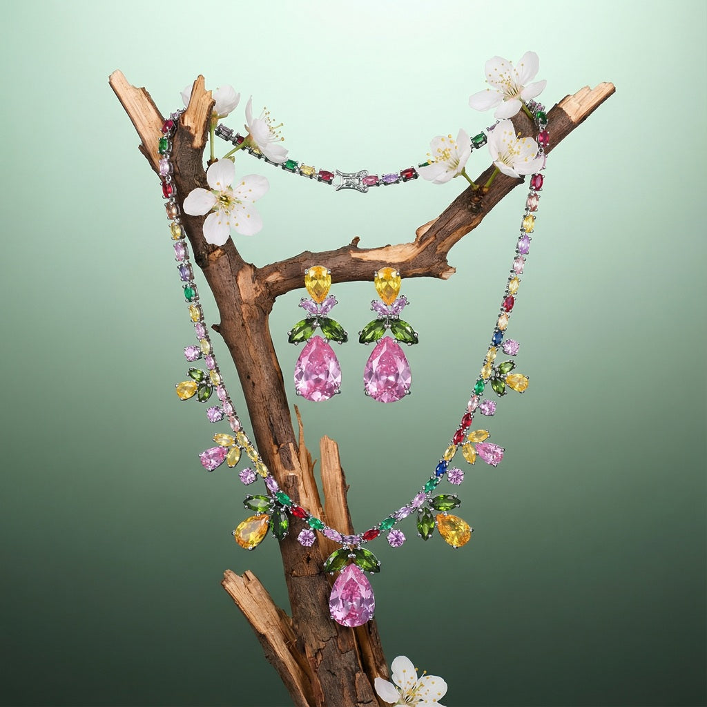luxury colorful rhinestone necklace and earrings set with 5A cubic zirconia in pink, yellow and green spring colors