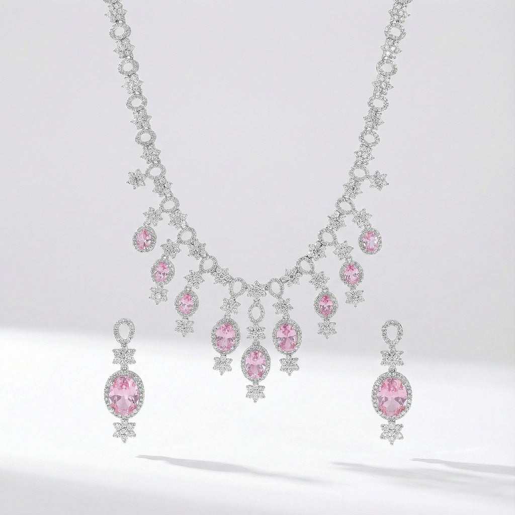 Luxury pink teardrop cubic zirconia necklace and earrings set in silver color metal