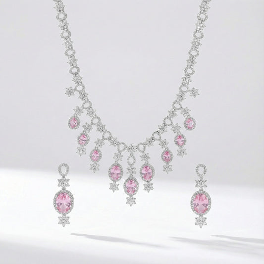 Luxury pink teardrop cubic zirconia necklace and earrings set in silver color metal