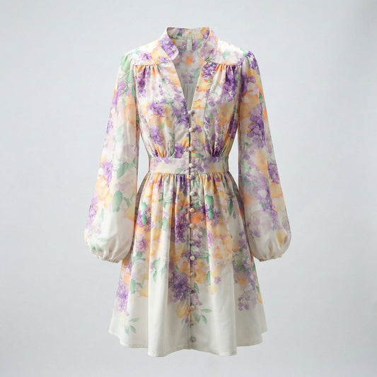 Mai floral mini dress with long lantern sleeves and V-neckline in blue and purple floral prints.