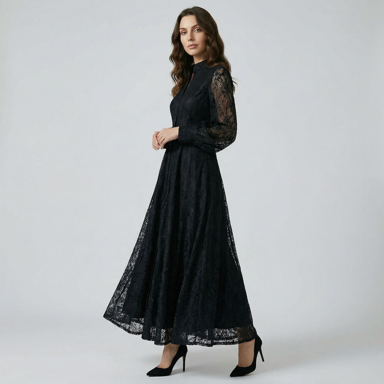 Manar 135cm maxi dress in black, blue, and white featuring floral embroidery and lantern sleeves.