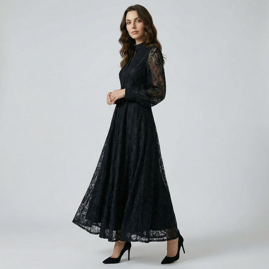 Manar 135cm maxi dress in black, blue, and white featuring floral embroidery and lantern sleeves.