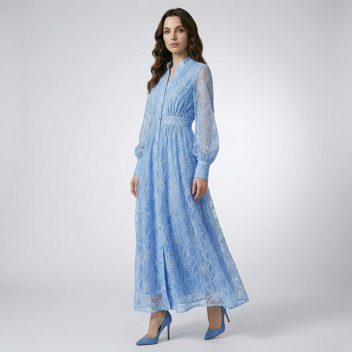 Manar 135cm maxi dress in black, blue, and white featuring floral embroidery and lantern sleeves.