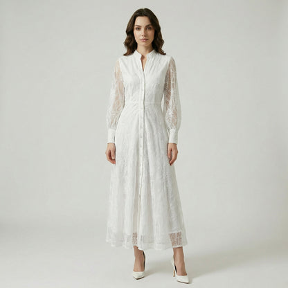 Manar 135cm maxi dress in black, blue, and white featuring floral embroidery and lantern sleeves.