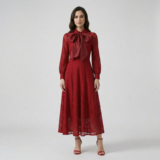 Manar long sleeve floral lace maxi dress with oversized satin pussy bow necktie in black, crimson red, and ivory cream.