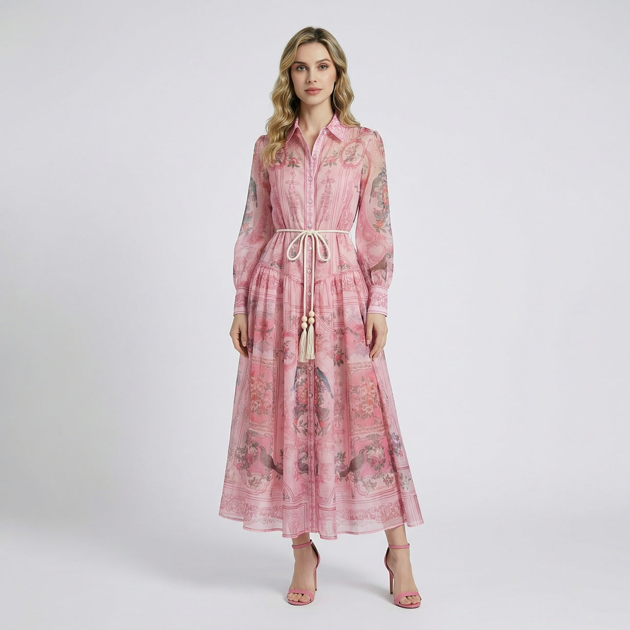 Front view of the Marcela dusty pink maxi dress featuring a botanical bird print and button-down front.