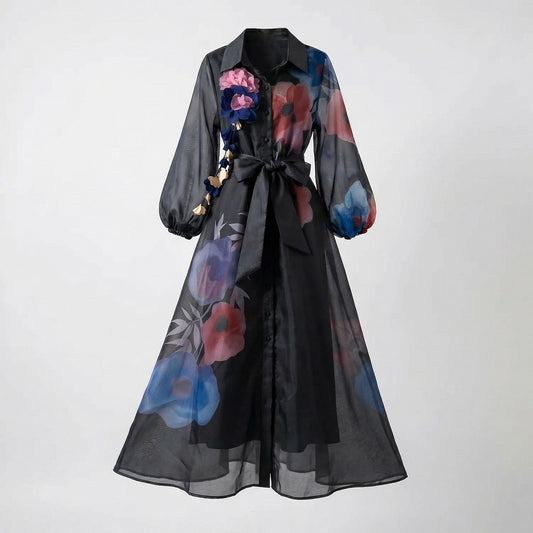 Mariam long sleeve floral organza maxi dress in black and white with 3D flower details and waist tie.